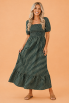 Plaid cotton dress, square neck midi, shirred bust dress, ruffle hem dress, cottagecore style, plaid dress with pockets, high waist midi dress, breathable cotton fashion.