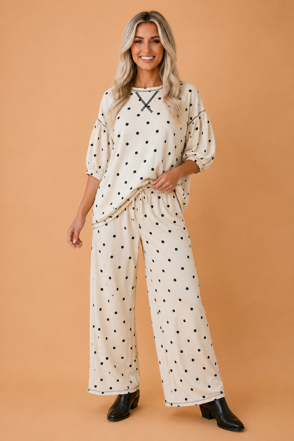 Chic Polka Dot Puff Sleeve Two-Piece Pant Set
