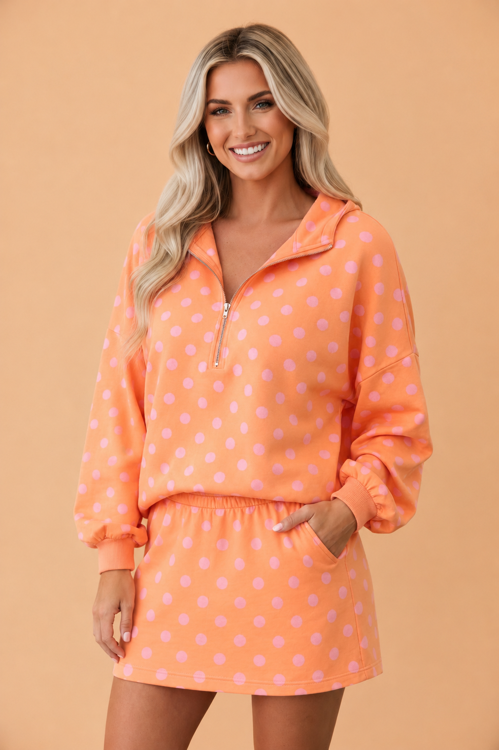 Polka dot set, 2 piece skort set, women's half zip hoodie, peach loungewear, casual summer outfit, skirt with built-in shorts, boutique athleisure, coordinated sets.