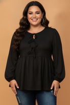 Plus size blouse, bow tie front top, puff sleeve peplum, elegant plus size fashion, women’s long sleeve blouse, curve-flattering tops, office to weekend wear.