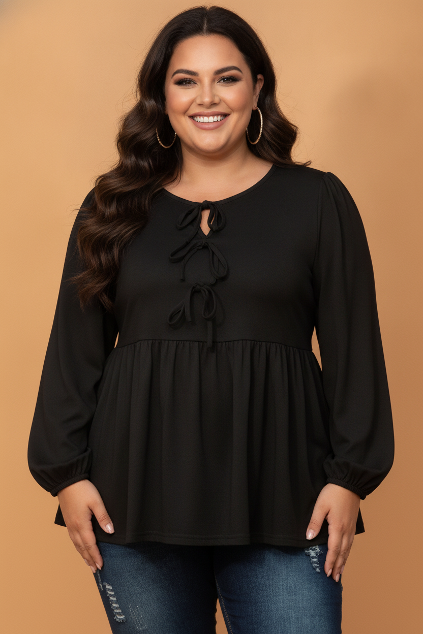 Plus size blouse, bow tie front top, puff sleeve peplum, elegant plus size fashion, women’s long sleeve blouse, curve-flattering tops, office to weekend wear.