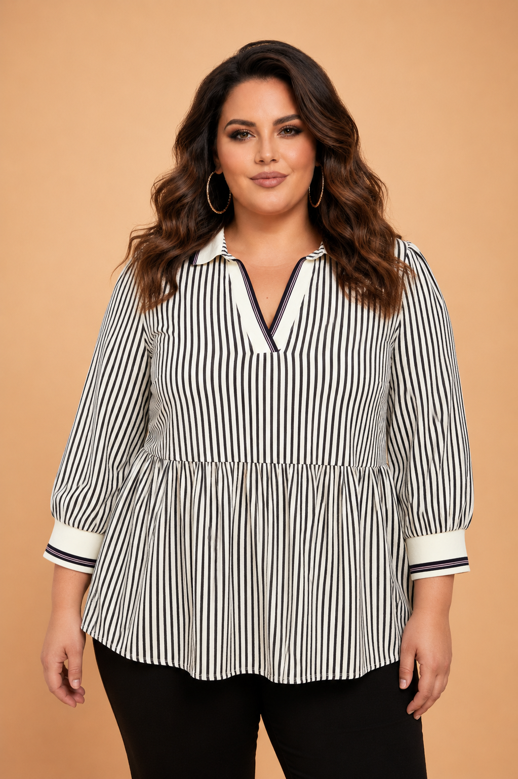 Plus size blouse, striped peplum top, flattering V-neck shirt, patchwork collar blouse, women’s plus size fashion, elegant casual top, slimming striped blouse.