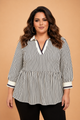 Plus size blouse, striped peplum top, flattering V-neck shirt, patchwork collar blouse, women’s plus size fashion, elegant casual top, slimming striped blouse.