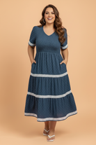 Plus size midi dress, Swiss dot dress, smocked bodice dress, lace trim tiered dress, boho plus size fashion, flattering flared dress, midi dress with pockets.
