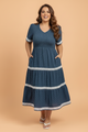 Plus size midi dress, Swiss dot dress, smocked bodice dress, lace trim tiered dress, boho plus size fashion, flattering flared dress, midi dress with pockets.