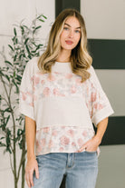 Painting the Roses top, floral color block knit, French terry relaxed top, ribbed knit floral shirt, women's boho relaxed blouse, exposed seam knitwear, designer casual floral top.