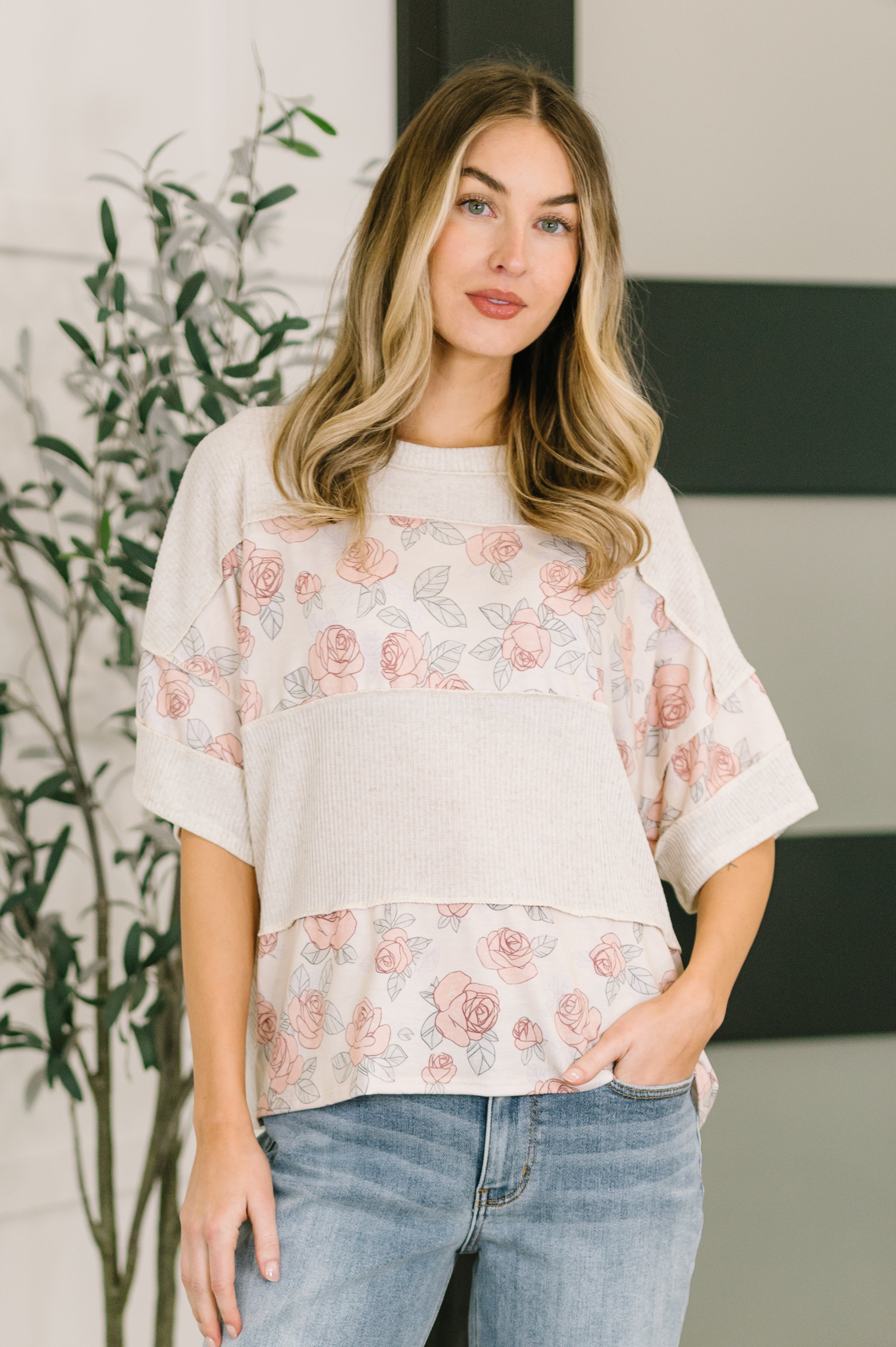 Painting the Roses top, floral color block knit, French terry relaxed top, ribbed knit floral shirt, women's boho relaxed blouse, exposed seam knitwear, designer casual floral top.