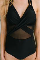 mesh swimsuit, halter one piece, cutout swimwear, cheeky swimsuit, crisscross swimsuit, v-neck one piece, black mesh swimwear, flattering one piece, boutique swimwear