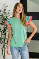 Green flutter sleeve top, floral rib knit shirt, feminine spring tops, women's green floral tee, boho knit blouse, Petals and Poise clothing, contrast sleeve top.