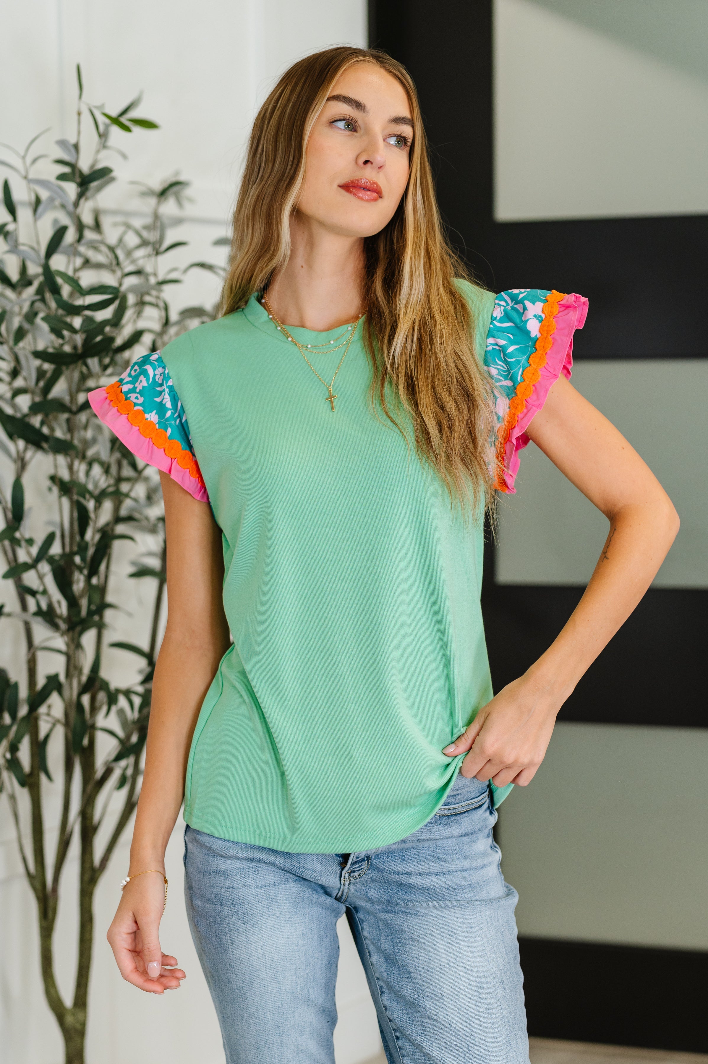 Green flutter sleeve top, floral rib knit shirt, feminine spring tops, women's green floral tee, boho knit blouse, Petals and Poise clothing, contrast sleeve top.
