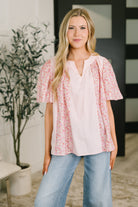 Bell sleeve blouse, color block top, floral print blouse, pink stripe top, A-line blouse, boho chic top, women's casual blouse, crinkle poplin top, mixed print blouse.