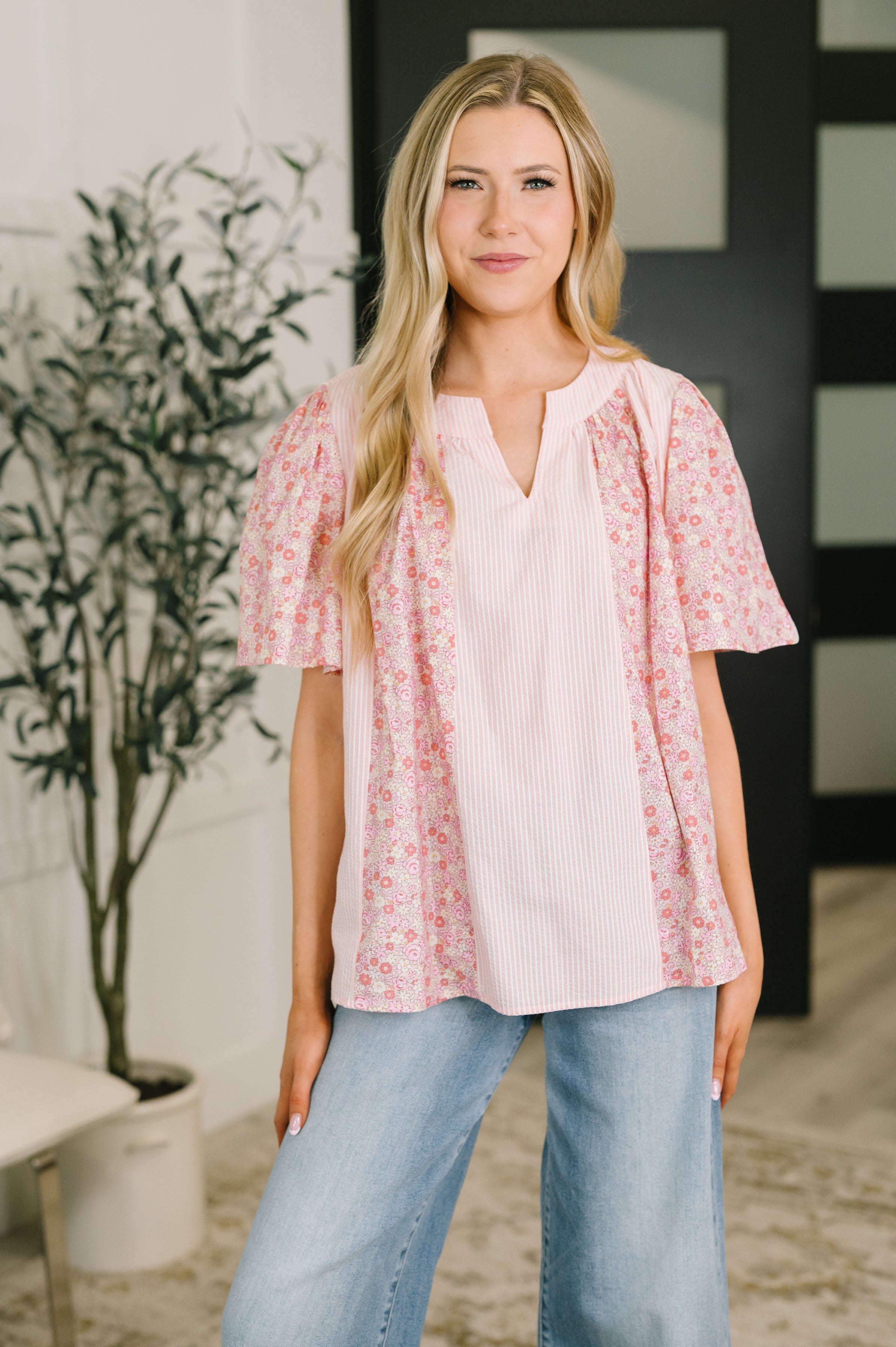 Bell sleeve blouse, color block top, floral print blouse, pink stripe top, A-line blouse, boho chic top, women's casual blouse, crinkle poplin top, mixed print blouse.