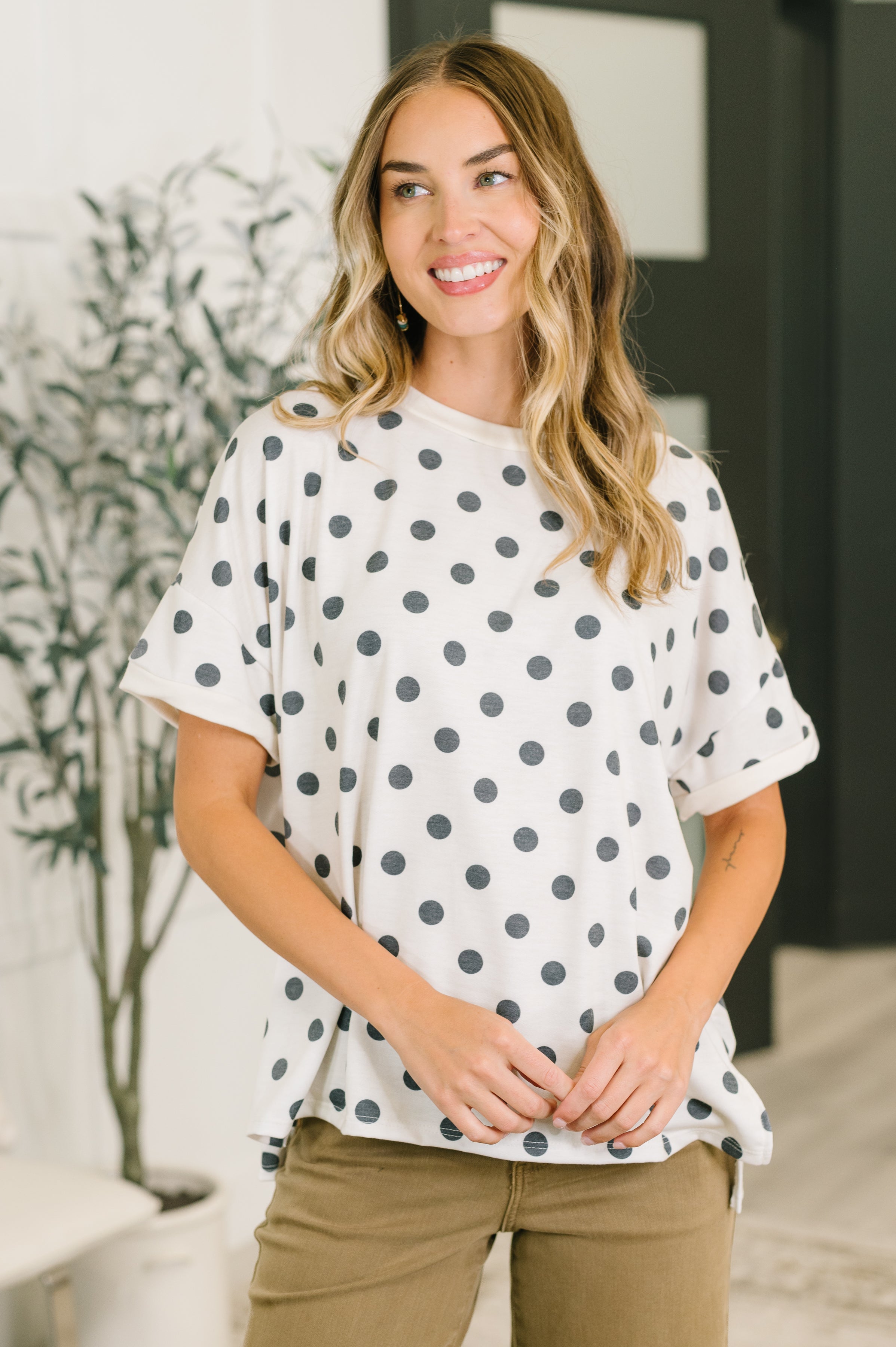 Polka dot tee, oversized t-shirt, French terry top, drop shoulder shirt, women's casual layering, high-stretch tee, polka dot fashion, stepped hem top.
