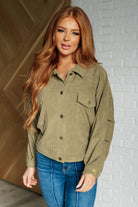 Olive corduroy jacket, women's lightweight jacket, pleated sleeve jacket, oversized corduroy shirt, green shacket, fall fashion essentials, Primrose jacket, boutique outerwear.