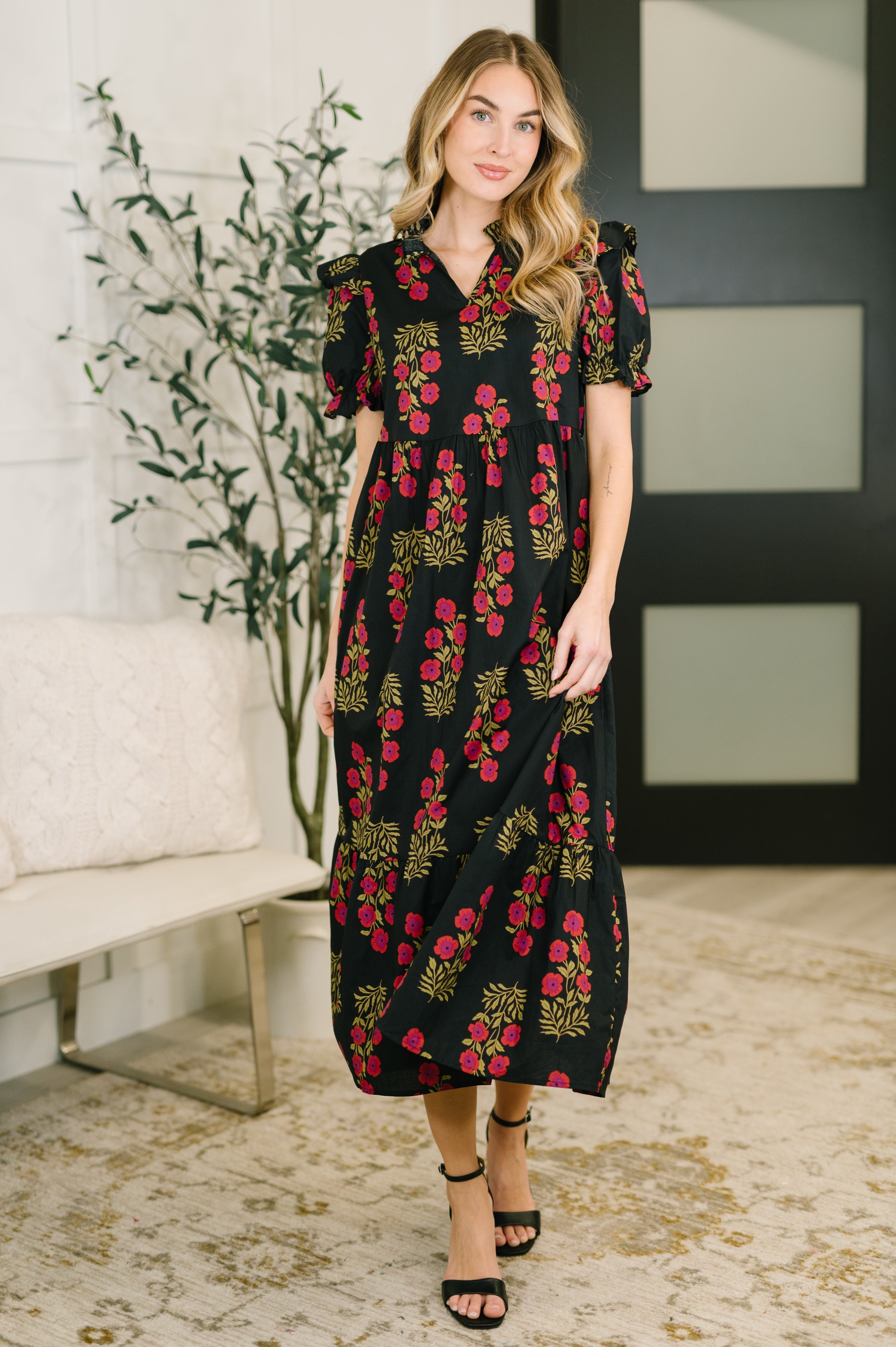 Black floral dress, tiered midi dress, cotton poplin dress, notch neck dress, balloon sleeve dress, boho chic midi, floral summer dress, Quiet Life clothing.
