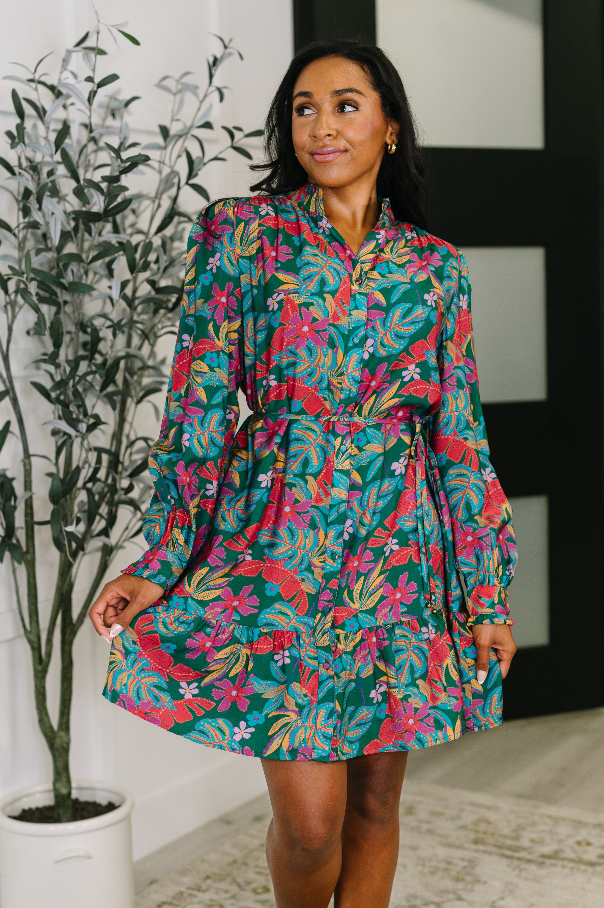 Long sleeve dress, boho mini dress, ruffled neck dress, tiered floral dress, women's dress with pockets, lightweight woven dress, cottagecore fashion, adjustable waist dress, transition season outfit.