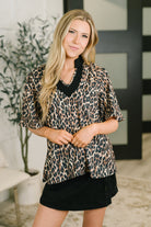 leopard print blouse, animal print top, split neck blouse, bell sleeve top, women's poplin blouse, office-ready fashion, chic animal print, A-line blouse, boutique leopard shirt