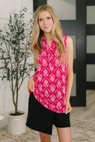 Floral Ikat Top, Sleeveless Collared Blouse, Wrinkle Resistant Women's Clothing, Cooling Fabric Top, High Stretch Sleeveless Shirt, Summer Office Wear, Pink Ikat Blouse.