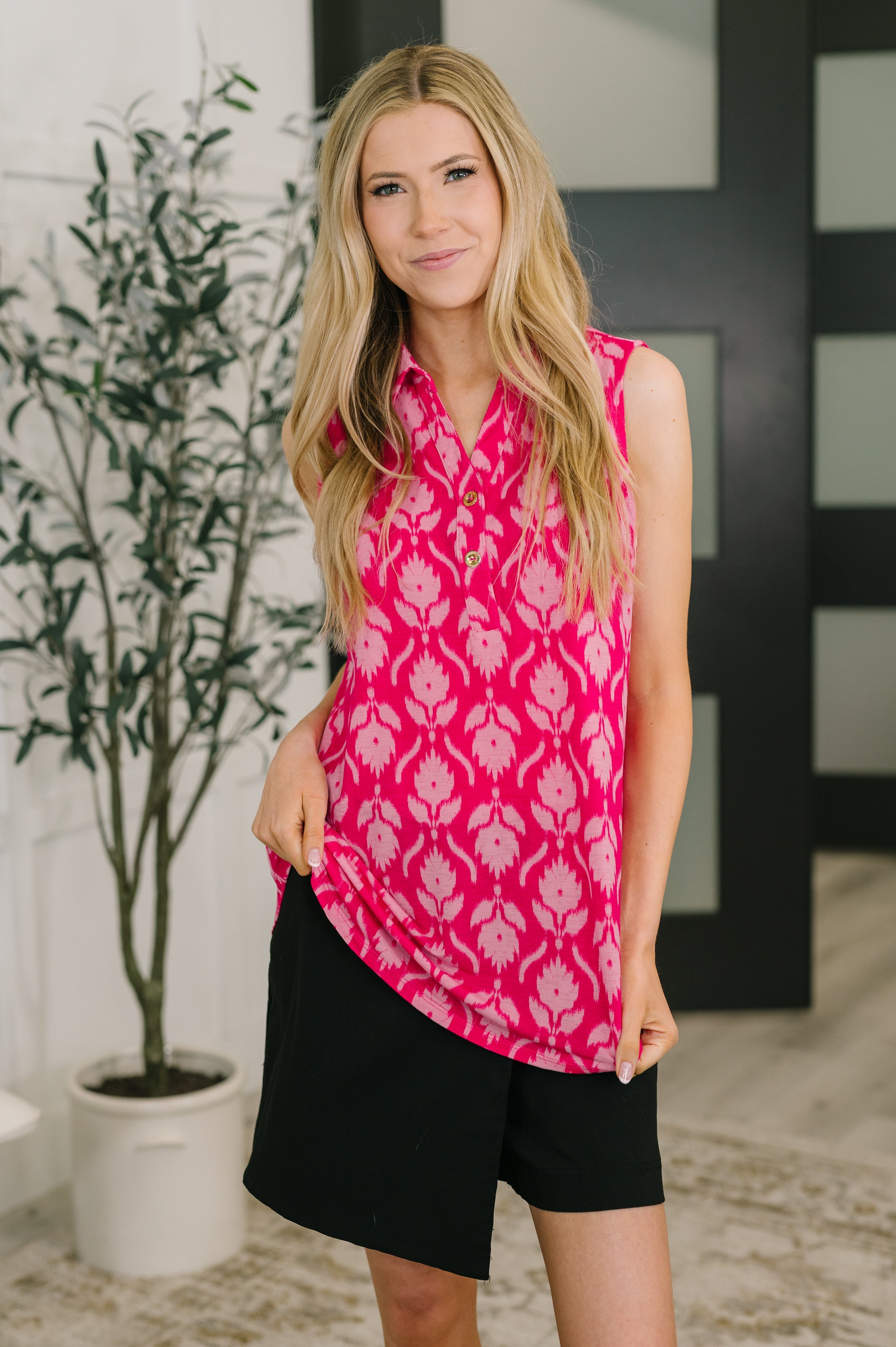 Floral Ikat Top, Sleeveless Collared Blouse, Wrinkle Resistant Women's Clothing, Cooling Fabric Top, High Stretch Sleeveless Shirt, Summer Office Wear, Pink Ikat Blouse.