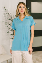 Coastal Blue Top, Collared V-Neck Blouse, Wrinkle Resistant Women's Top, Bulgari Fabric Clothing, Cooling Summer Shirt, Professional Workwear, Dolman Sleeve Top, Travel Friendly Fashion.