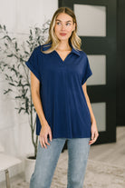 Navy collared top, wrinkle-resistant blouse, Bulgari fabric top, cooling summer top, V-neck dolman sleeve, women's workwear, travel-friendly apparel, high-stretch navy shirt, Sea You Soon top.