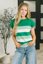 Waffle knit top, cap sleeve shirt, striped crew neck, women’s relaxed fit top, casual stretch blouse, green striped top, boutique everyday wear.