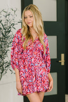 Pink abstract romper, women's dolman sleeve romper, summer romper with pockets, V-neck romper, poplin woven playsuit, trendy abstract print, cute summer outfits.