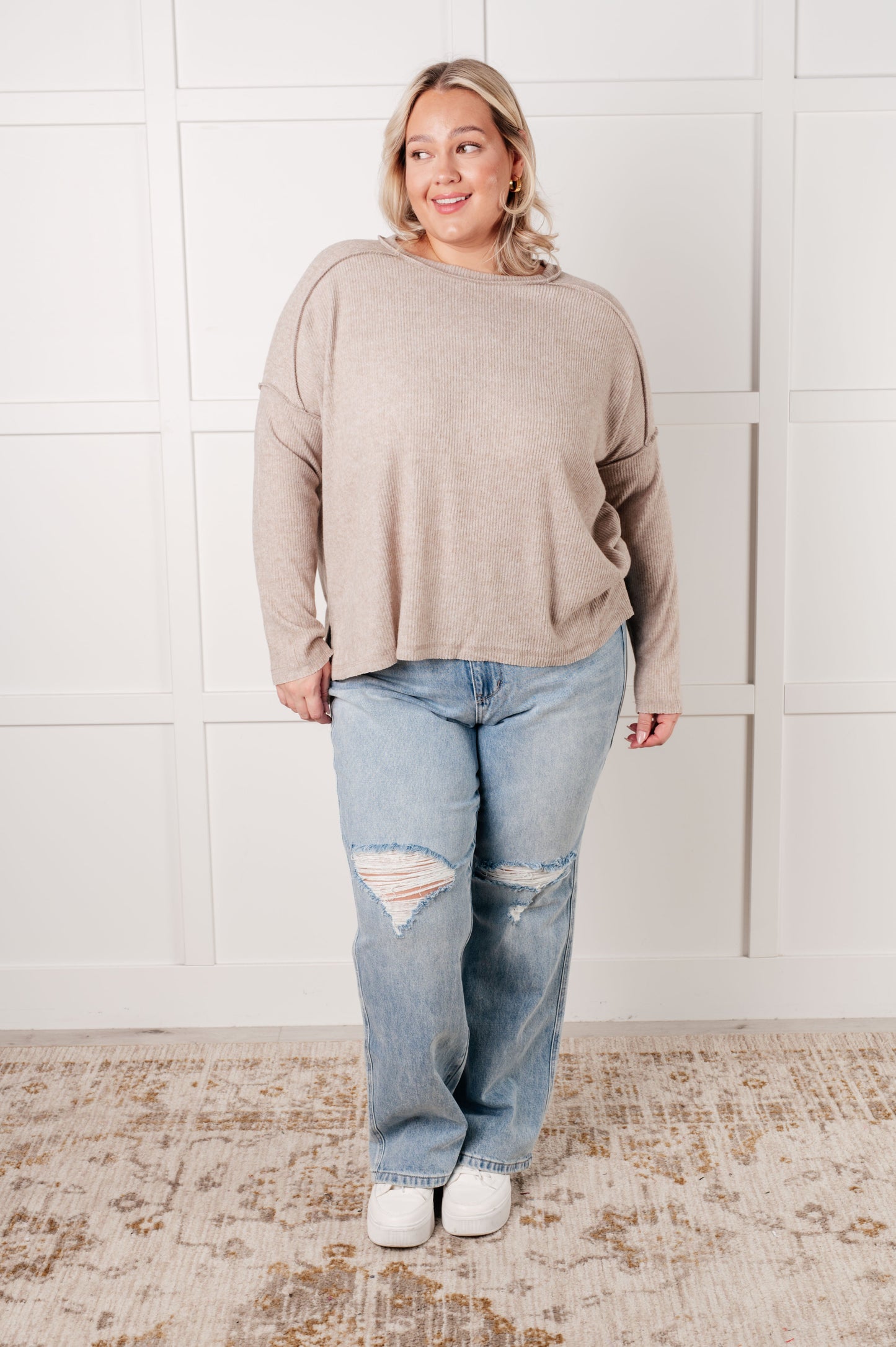 Simply Basic Ribbed Hacci Sweater in Light Mocha