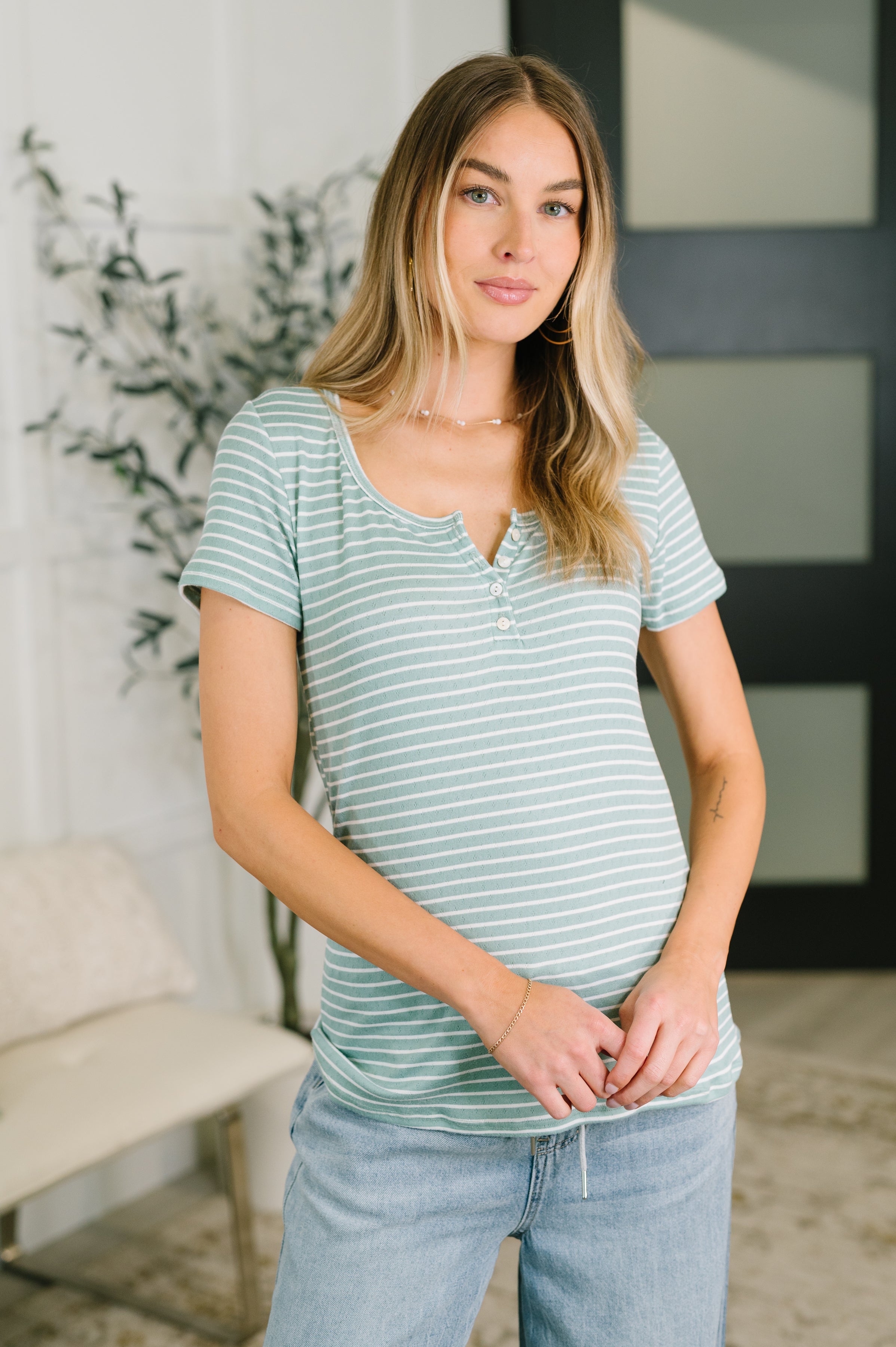 women's henley top, eyelet knit shirt, striped scoop neck, fitted henley, sage green striped top, stretchy casual top, chic everyday wear