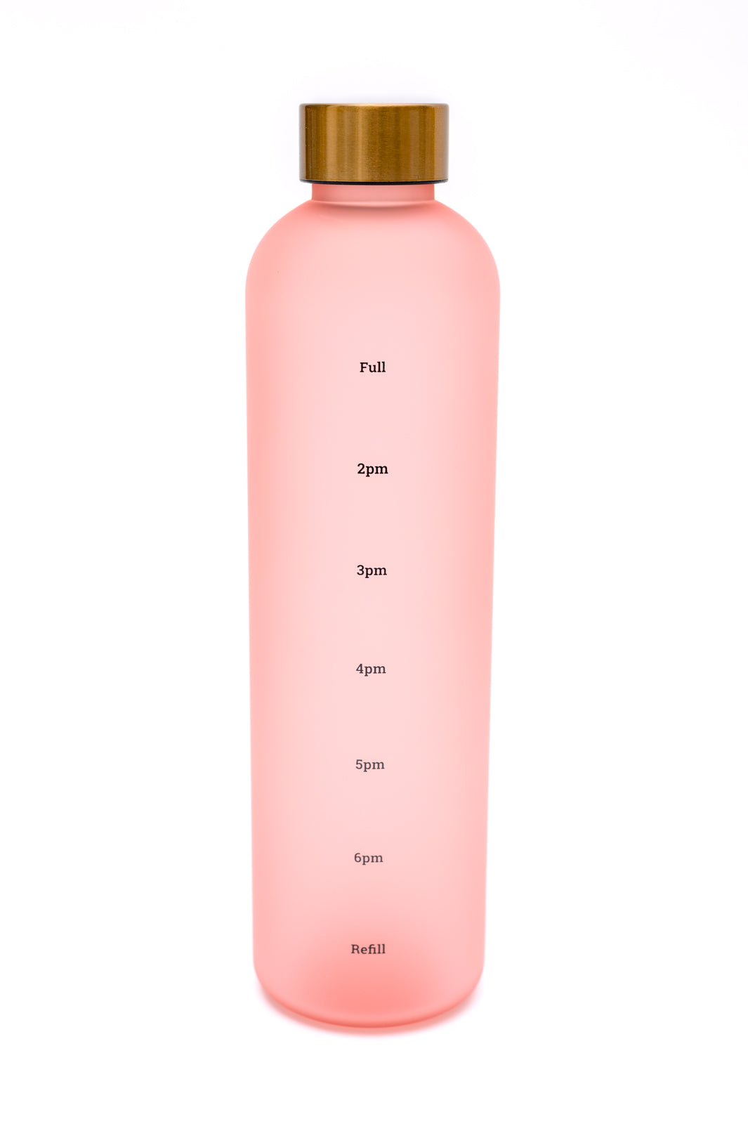 Pink translucent water bottle with gold cap and drink reminders on the side.
