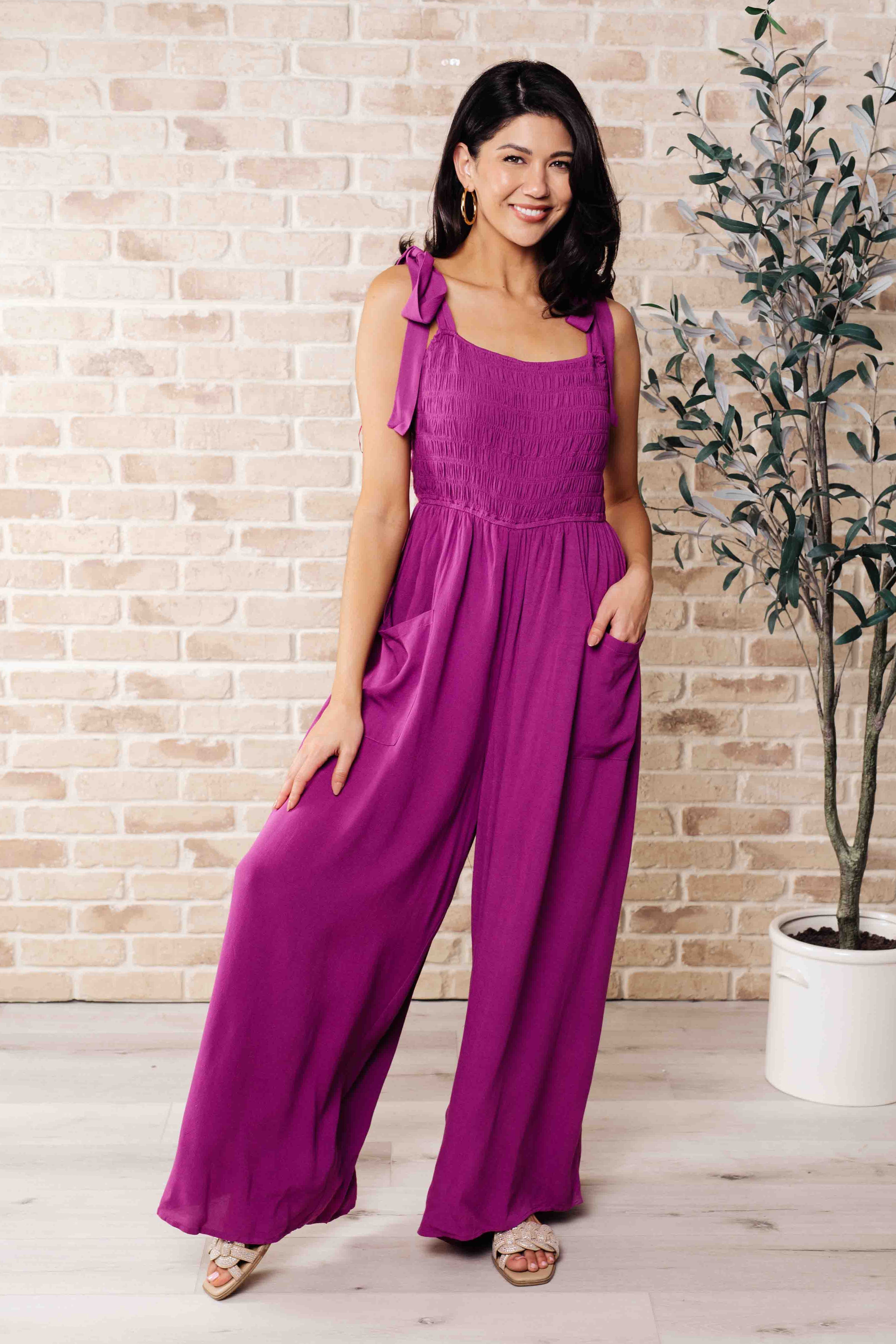 Wide leg jumpsuit, smocked bodice jumpsuit, purple jumpsuit with pockets, tie shoulder jumpsuit, women's boho jumpsuit, summer party outfit, dressy wide leg romper.