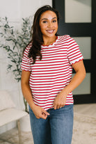 scalloped top, striped jersey tee, women's cotton top, scalloped hem shirt, feminine striped shirt, stretch knit top, casual chic apparel, red striped top