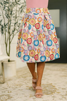 floral midi skirt, jacquard skirt, pleated midi skirt, high-waisted floral skirt, women's spring fashion, structured midi skirt, A-line floral skirt