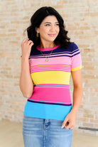 Sounds Great Striped Top, multi-color ribbed knit, women's striped sweater tee, high stretch knitwear, form-fitting striped top, viscose ribbed sweater, colorful short sleeve knit, designer striped top.