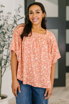 Dusty rose floral top, square neck blouse, bell sleeve jersey shirt, boho boxy fit top, adjustable back tie blouse, spring women's fashion, comfortable stretch top.