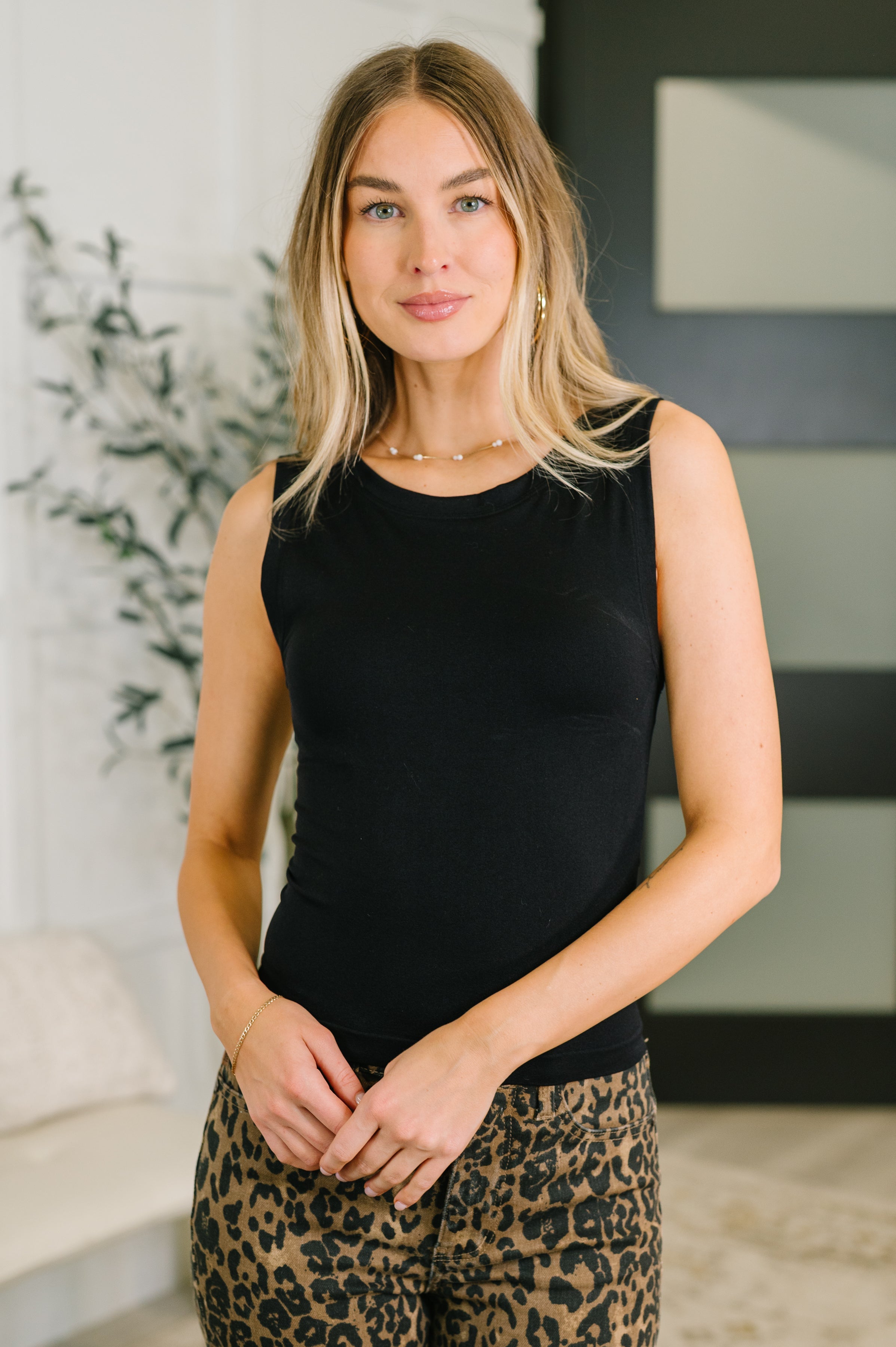 Women's black tank top, high stretch tank, nylon spandex top, round neck layering tank, form fitting tank, everyday essentials, tricot knit top, sculpting black tank.