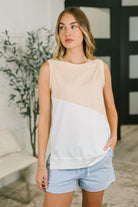 Color block top, sleeveless knit tank, jersey knit sleeveless, women’s casual tank, beige and white top, side slit tank top, comfortable summer top, boutique sleeveless top.