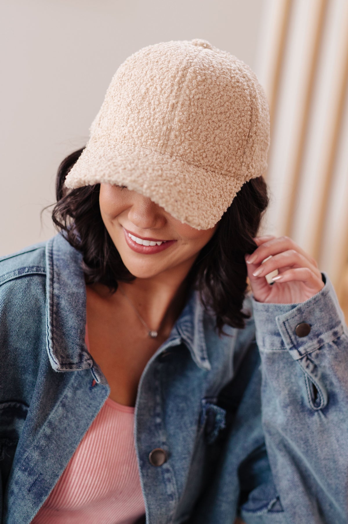 Khaki boucle sherpa fleece ball cap with adjustable Velcro back and classic dad hat style.