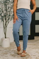 Women's joggers, high waisted sweatpants, dusty blue lounge pants, cotton athletic joggers, athleisure wear, comfortable gym pants, jersey knit joggers, flattering sweatpants.