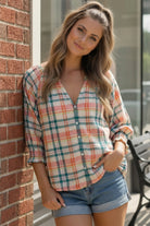 Pastel Plaid V-Neck Blouse  