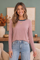 striped long sleeve tee, women's red striped shirt, teal contrast neckline, relaxed fit top, casual fall fashion, lightweight knit tee, everyday basics, women's long sleeve shirts, FabKnits clothing