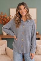 Women's Shacket, Ribbed Shacket, Slate Blue Jacket, Boyfriend Shacket, Oversized Shirt Jacket, Fall Fashion Essentials, Cozy Loungewear, Blue Shacket Women, Textured Layering Piece.