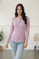 ribbed henley top, women's lounge shirt, grape purple long sleeve, button-front henley, soft stretchy top, casual layering piece, body-skimming loungewear