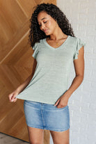Flutter sleeve top, V-neck slub knit, women's casual chic top, relaxed fit jersey tee, feminine summer tops, slub jersey knit shirt, sage green flutter top.