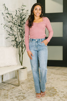 Rose long sleeve top, ribbed knit shirt, women’s v-neck top, pink stretch top, gathered bust top, flattering fall fashion, viscose elastane top, chic casual wear.