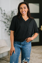 Black V-neck tee, waffle knit top, women's dolman sleeve shirt, casual pocket tee, edgy basic top, breathable stretch tee, Together We're Unlimited clothing.