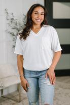 Ivory waffle knit top, women's V-neck tee, dolman sleeve shirt, casual pocket tee, white textured top, comfortable basic tee, Together We're Unlimited clothing.