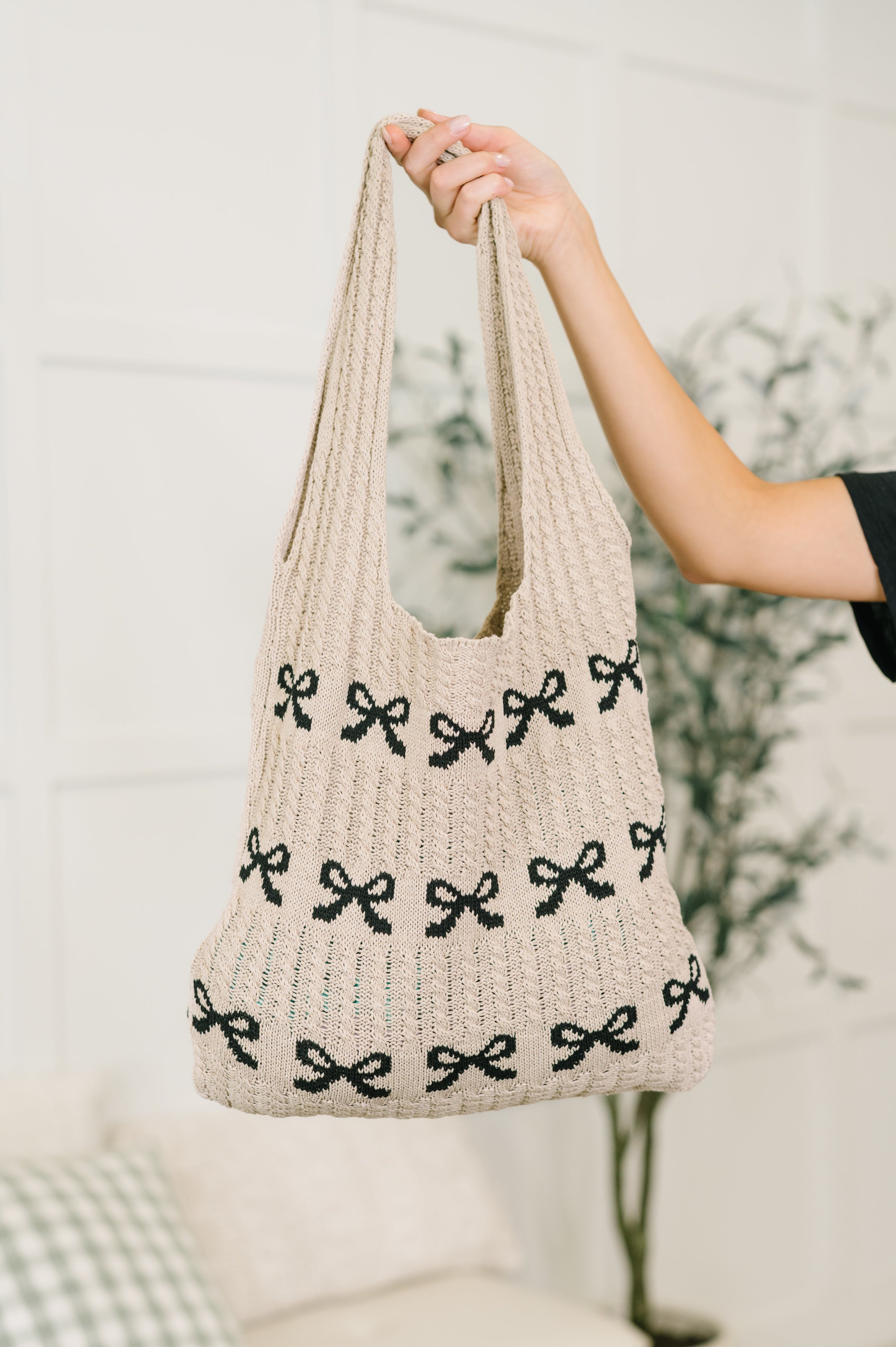 Knit tote bag, bow print handbag, coquette aesthetic bag, sweater knit shoulder bag, stretchy tote bag, aesthetic work bag, trendy knit carryall, women's bow bag.