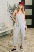 grey jumpsuit, jersey knit romper, spaghetti strap jumpsuit, casual jumpsuit with pockets, women's lounge jumpsuit, heather grey jumpsuit, comfortable one-piece outfit