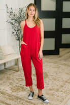 Red jumpsuit, jersey knit jumpsuit, spaghetti strap romper, casual women's jumpsuit, Ruby red fashion, one-piece outfit with pockets, summer jumpsuit, comfortable loungewear